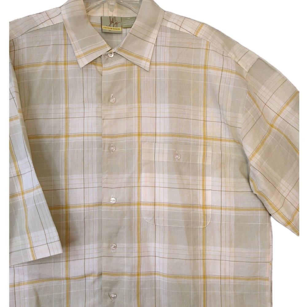 Jordan Craig Men’s Medium Linen Button‑Up Shirt Yellow Plaid Short Sleeve Light
